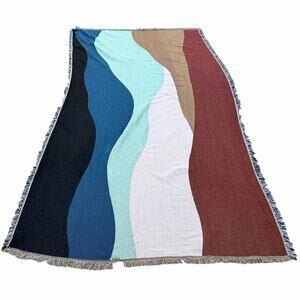 Cotton threaded woven tapestry blanket bedding 70x128 inches waves earth tones